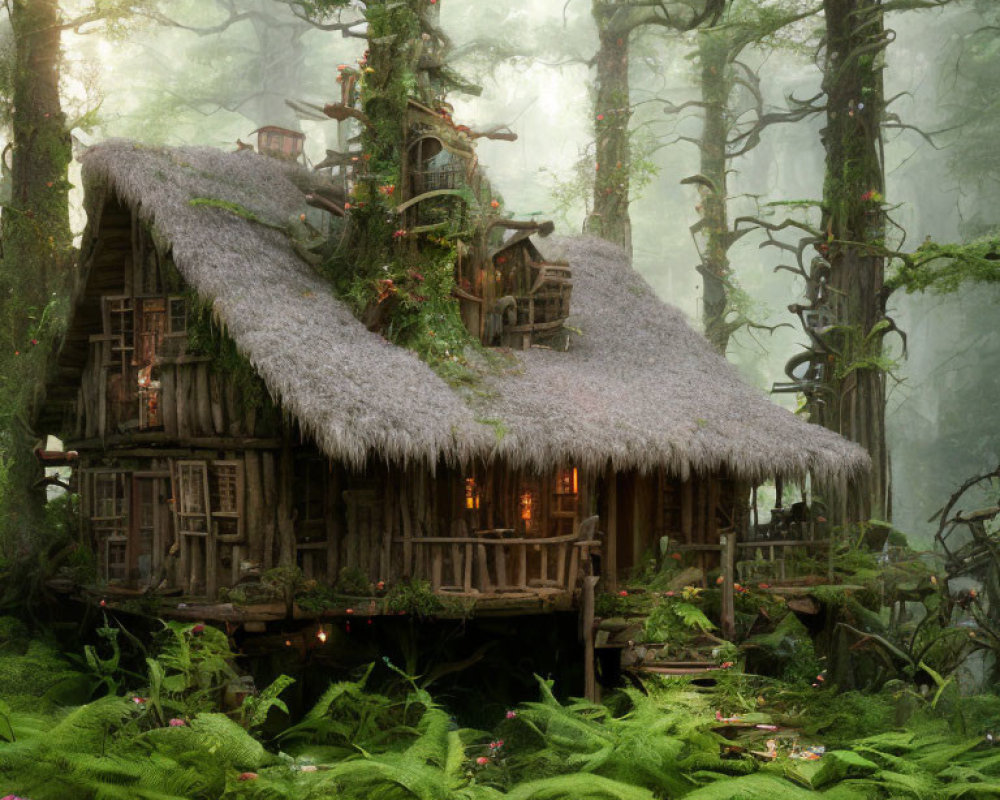 Cozy Thatched Cottage in Misty Forest Glowing with Warm Lights