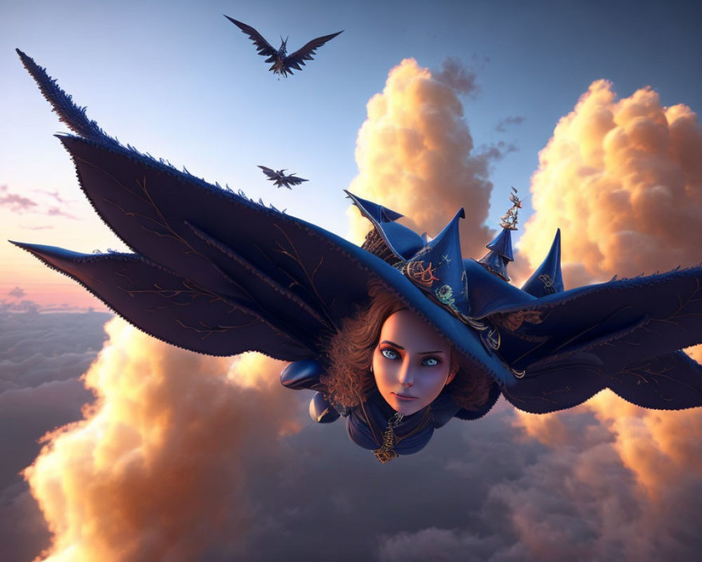 Woman with Large Ornate Wings Gliding Above Clouds at Sunset