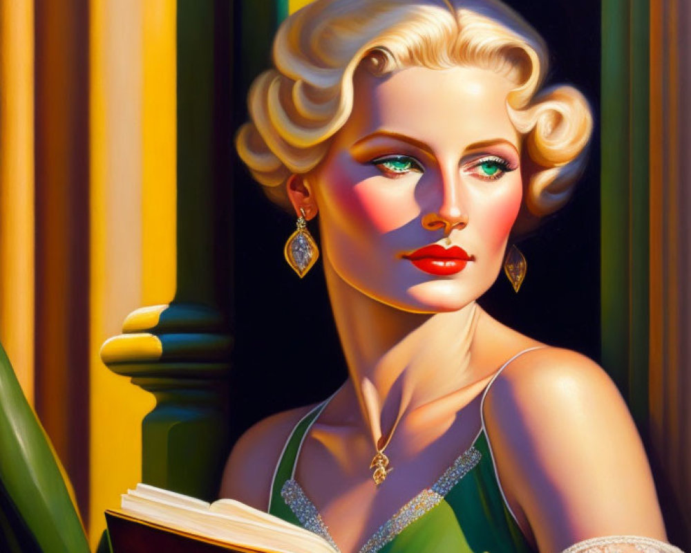 Vintage-style portrait of a blonde woman in green dress with red lipstick holding a book