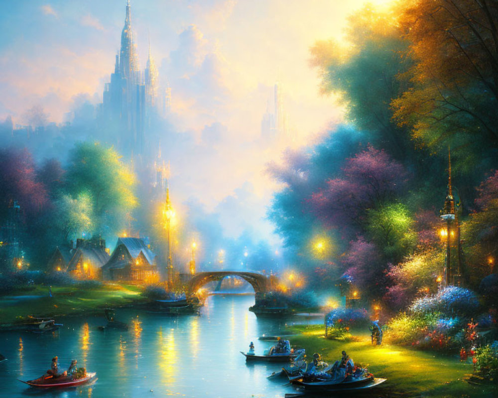 Colorful fantasy landscape with river, boats, bridge, trees, and castle under glowing sky