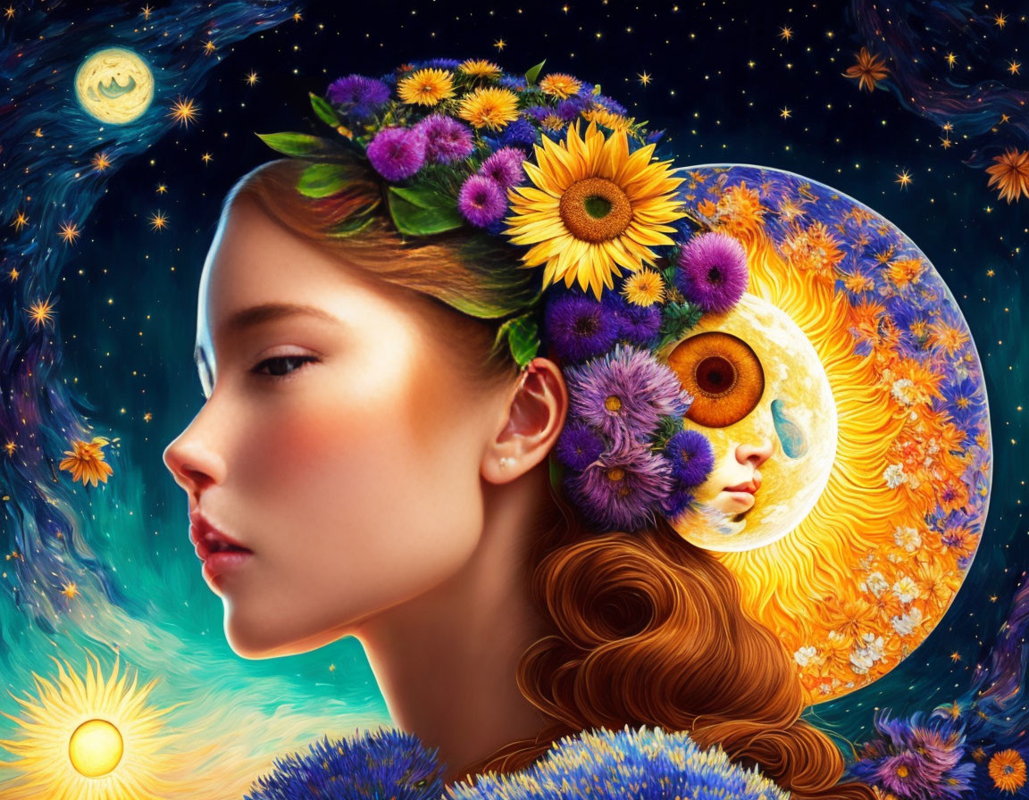 Woman with Flower Wreath and Celestial Motifs on Starry Background