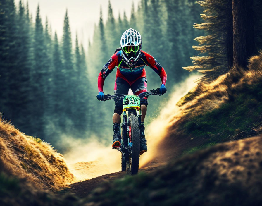 Colorful gear mountain biker rides downhill on dirt trail in forest under warm light