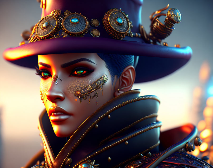 Steampunk-themed digital artwork of a woman with gear-adorned top hat and golden mechanical ey