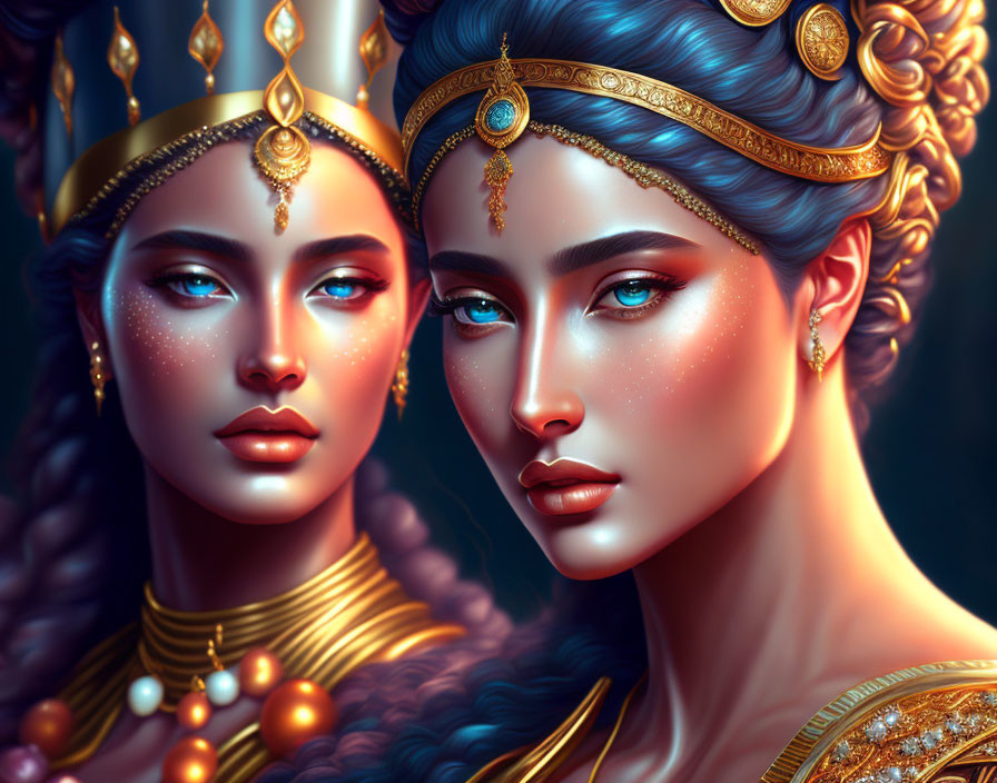 Two Women in Elaborate Golden Headpieces and Jewelry with Vibrant Blue Hair