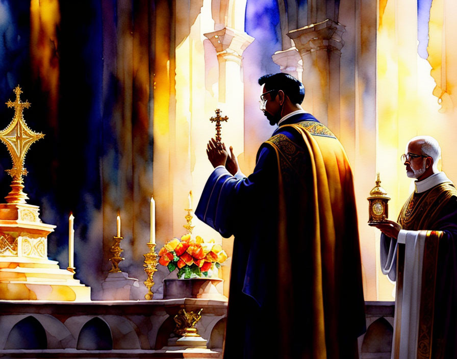 Sunlit church scene: Two priests praying and holding censer near altar