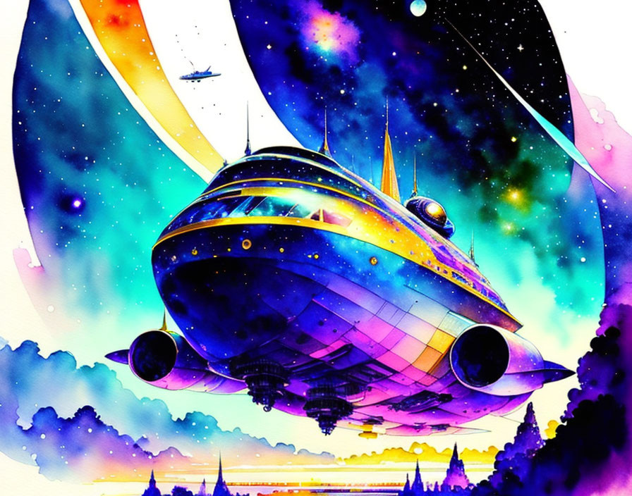 Vibrant futuristic spaceship illustration in cosmic sky