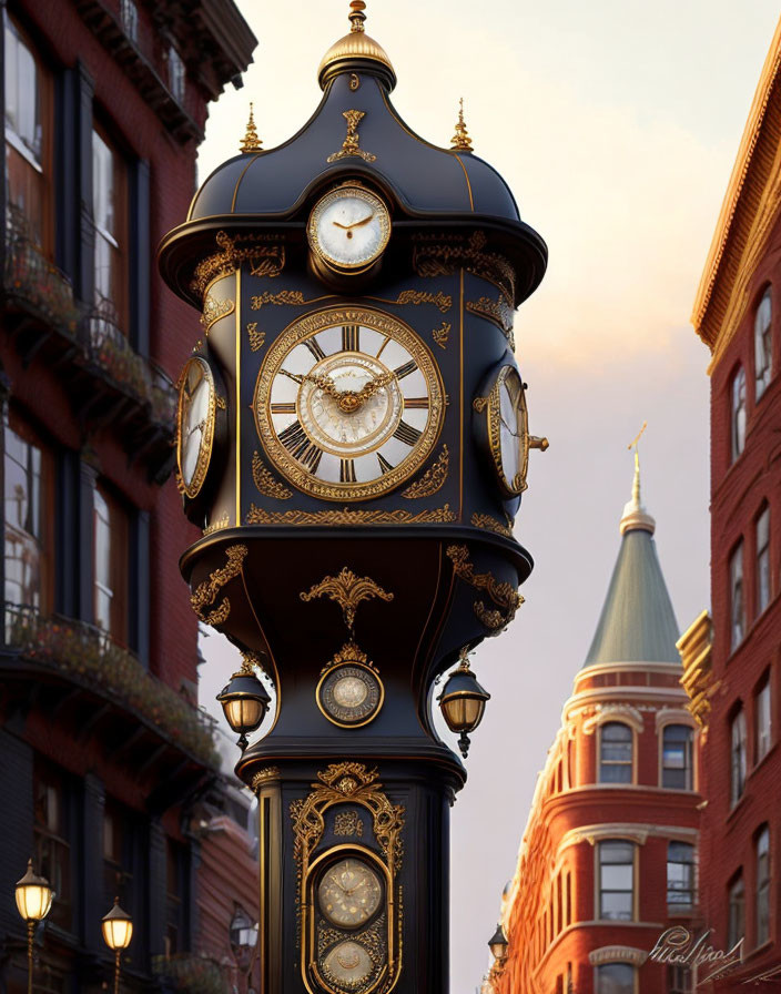 Ornate black and gold street clock with red brick buildings in the background