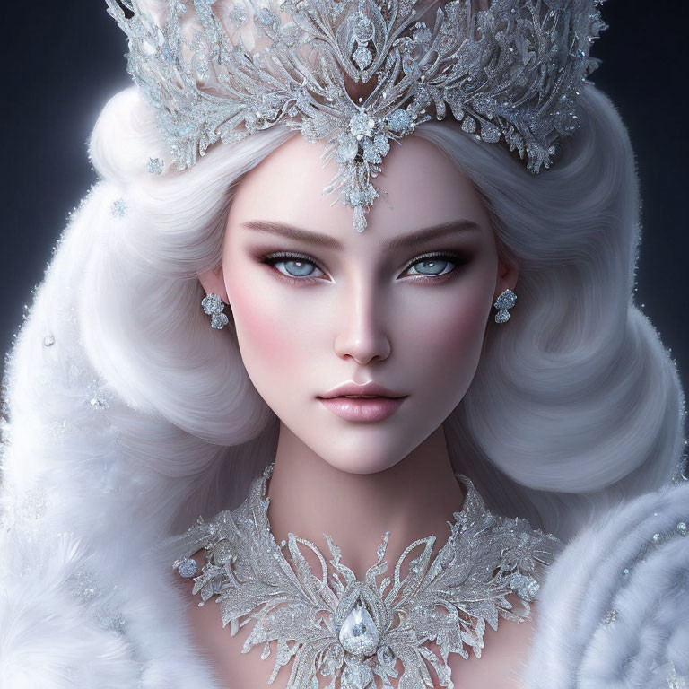 Portrait of woman with blue eyes, silver crown, white hair, and fur neckline