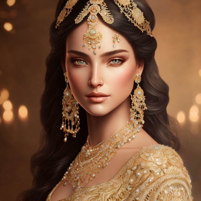 Illustrated Woman in Gold Jewelry on Warm Background