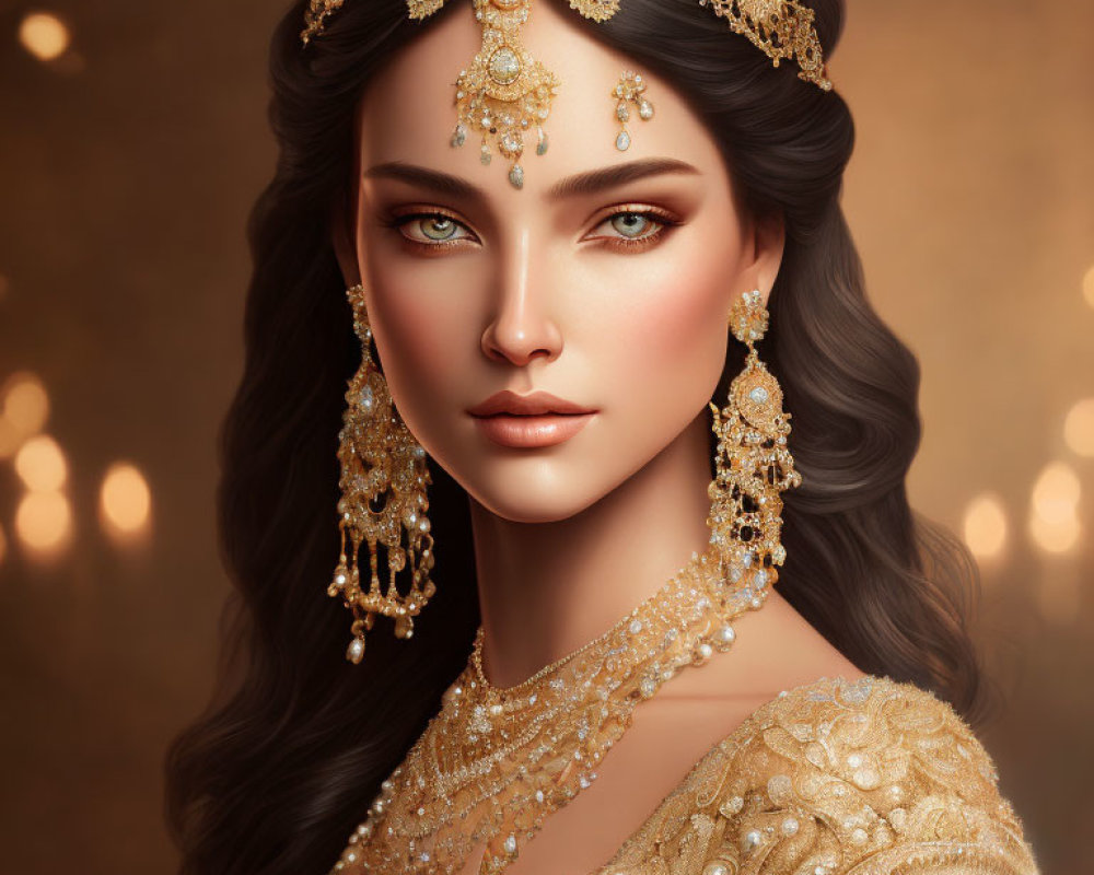 Illustrated Woman in Gold Jewelry on Warm Background