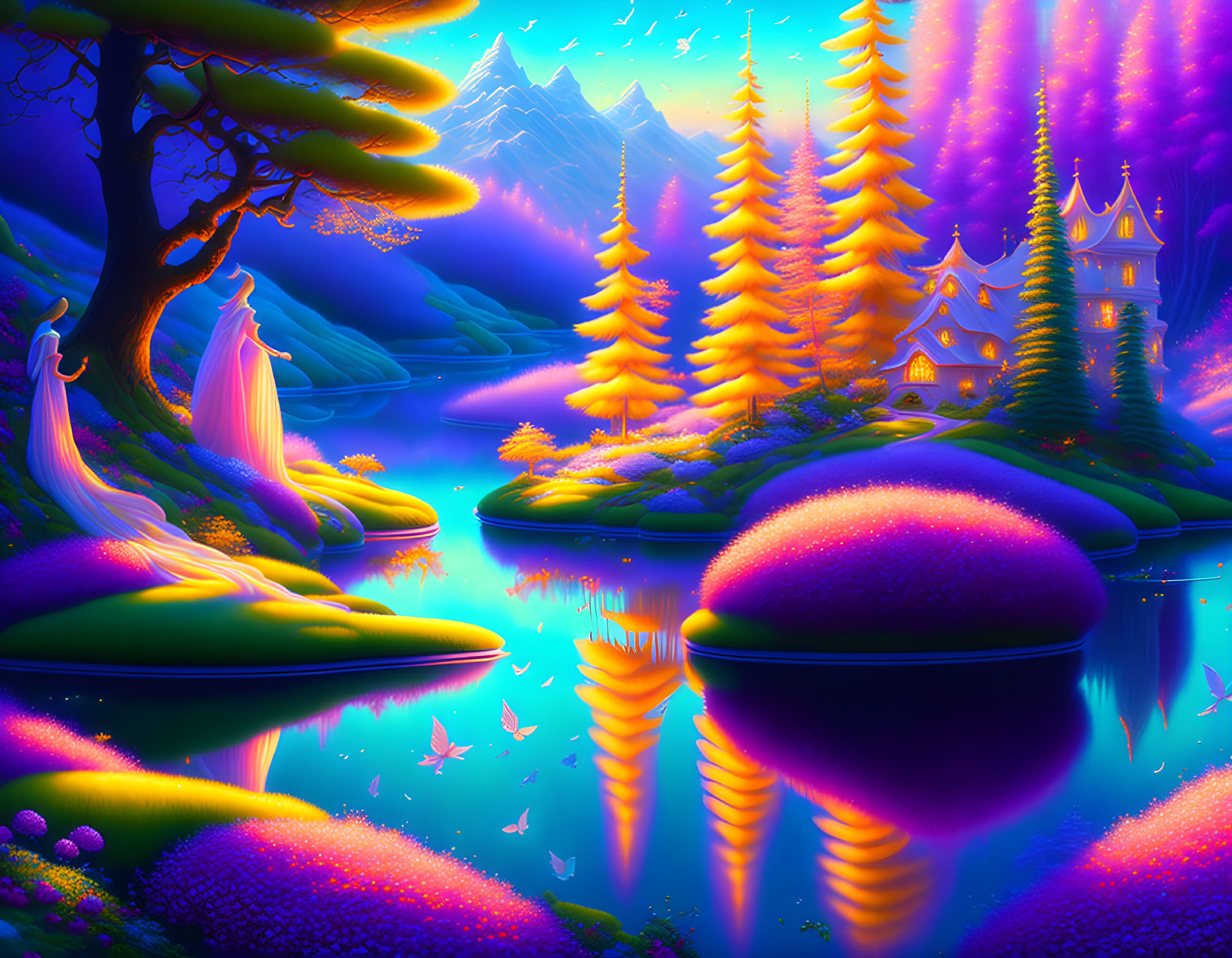 Colorful fantasy landscape with glowing trees, reflective river, enchanted castle, and butterflies