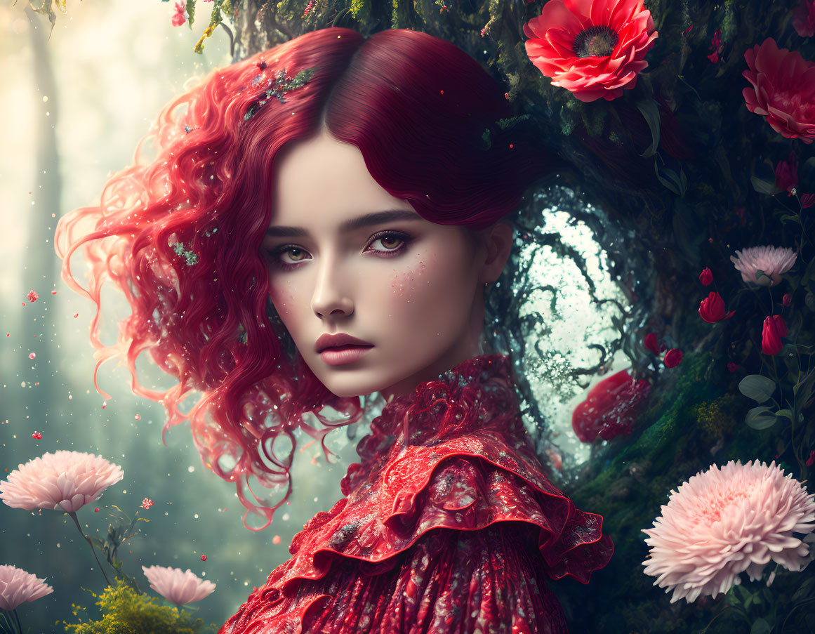 Red-haired woman in ruffled dress in magical forest with ethereal flowers