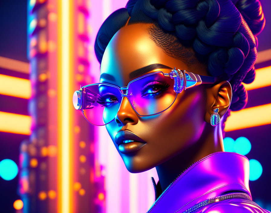 Digital portrait of woman with intricate hair, chic glasses, and neon city lights.