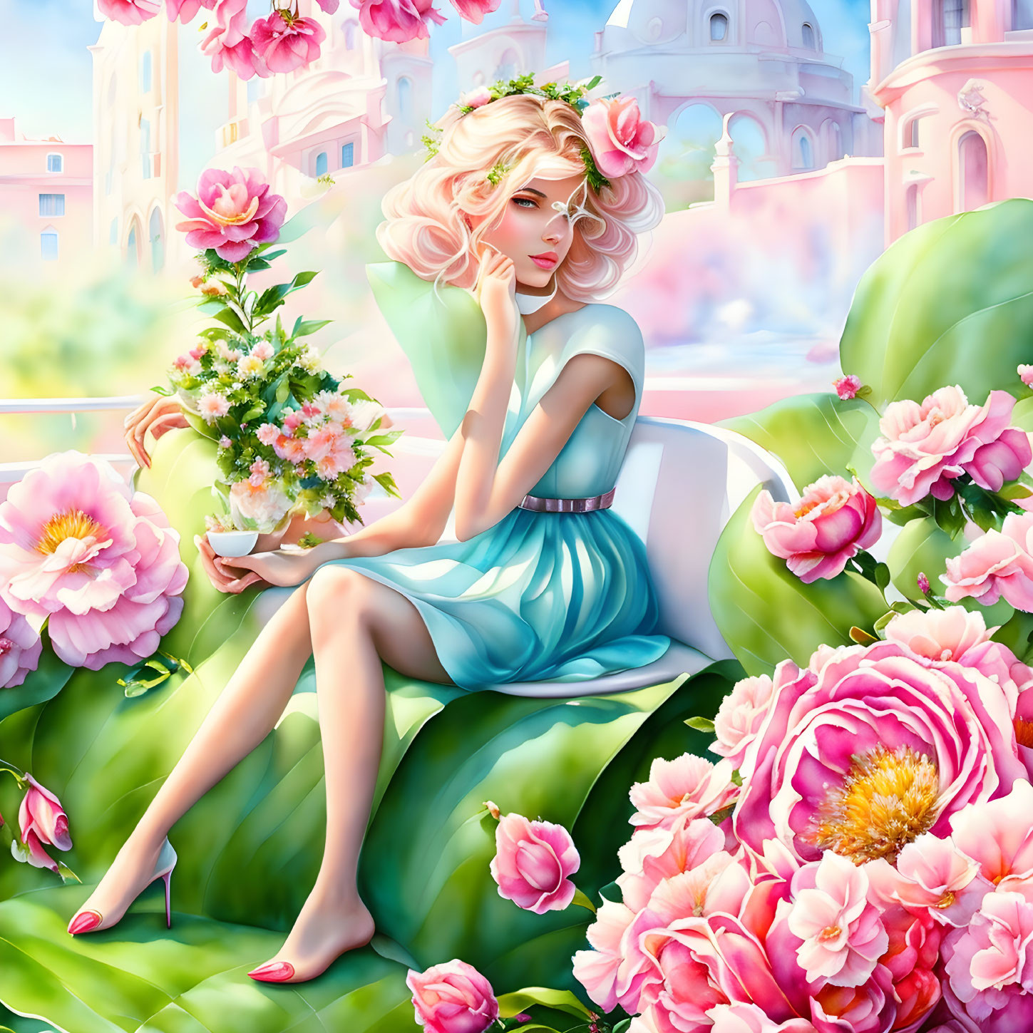 Illustration of woman amid pink flowers with teacup and pastel buildings