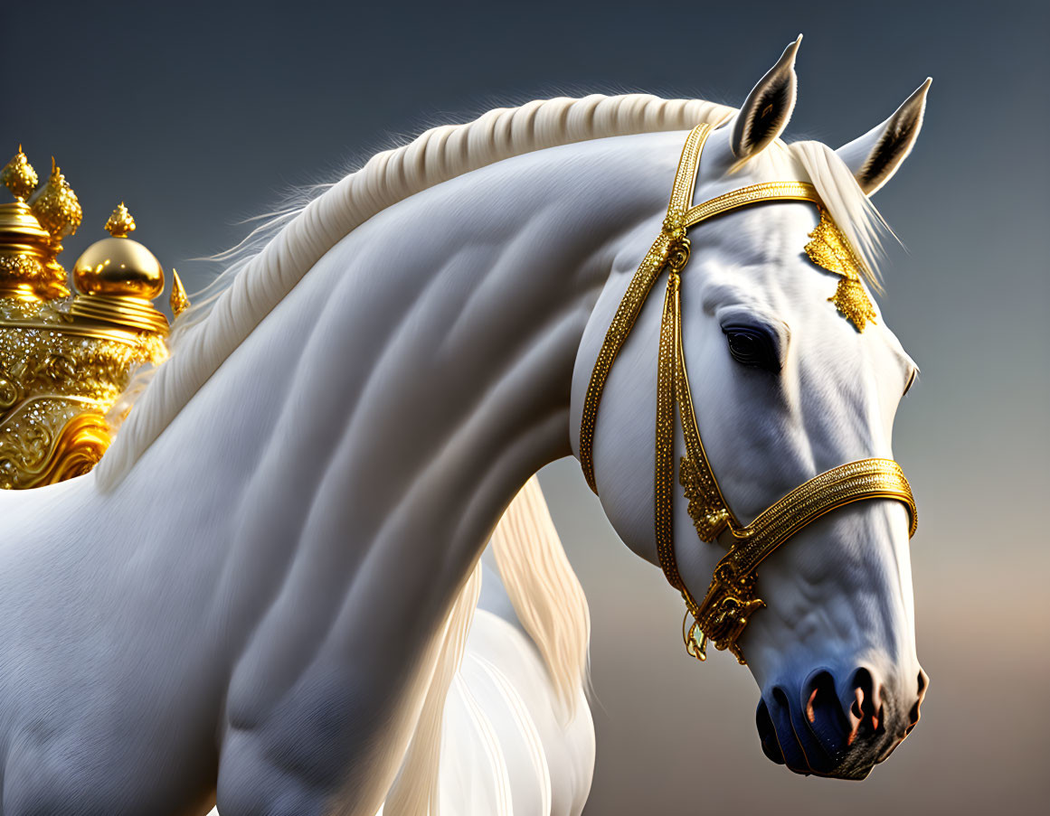 White horse with golden bridle on soft blue background