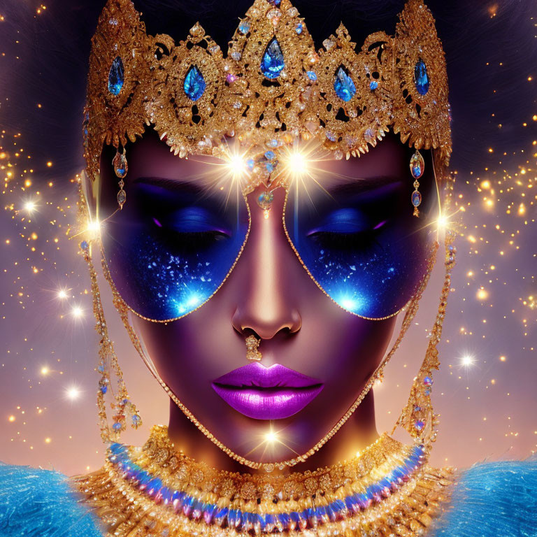 Digital artwork: Woman with starry night theme, golden crown, blue gems, cosmic makeup.