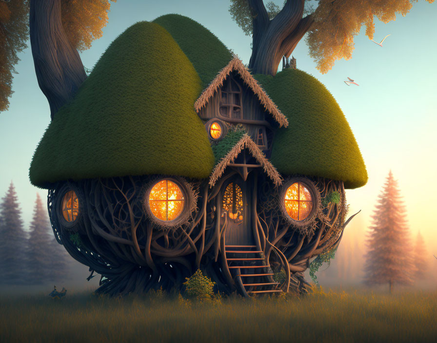 Whimsical treehouse with moss-covered roof in serene forest