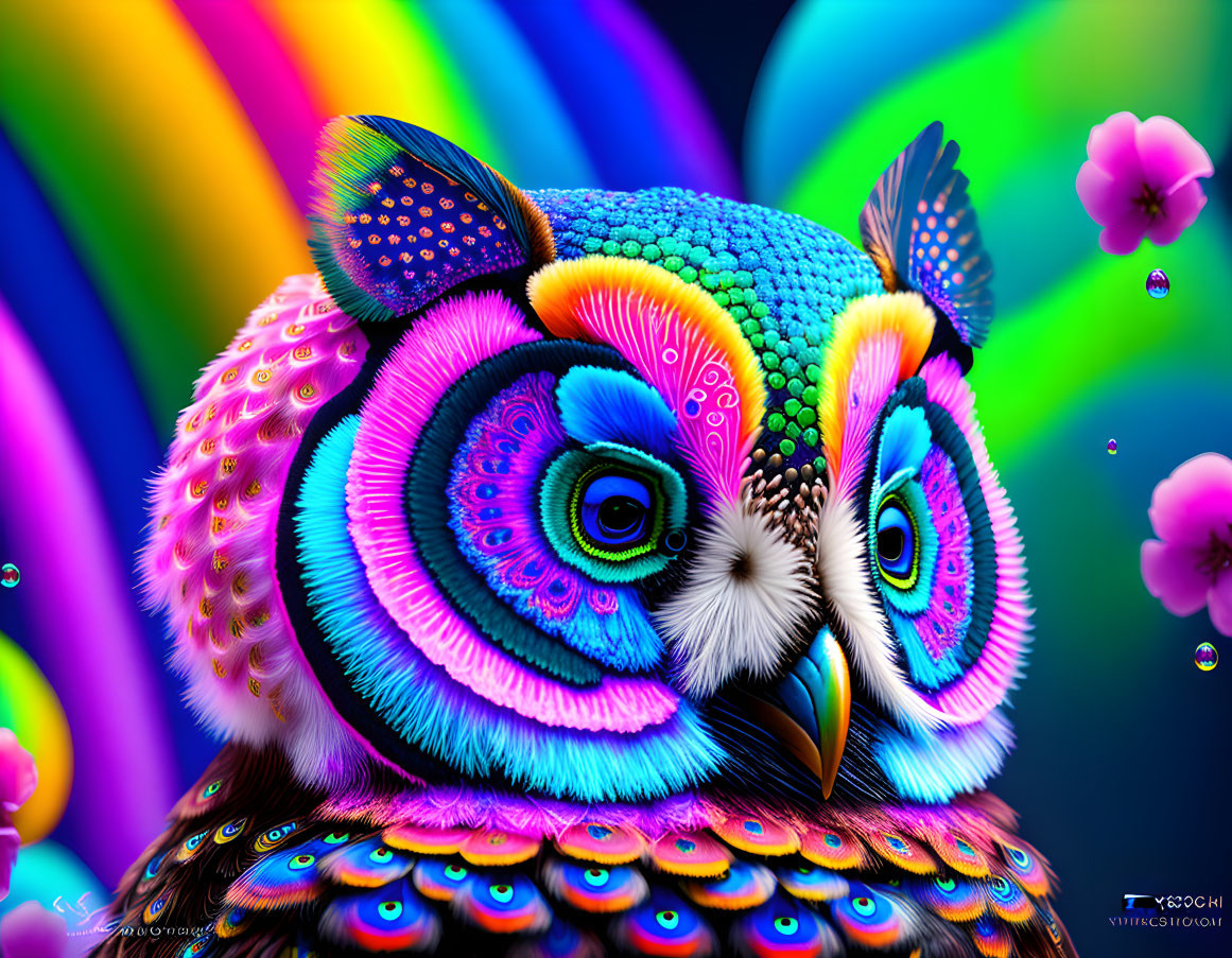 Colorful Owl Artwork with Rainbow Background