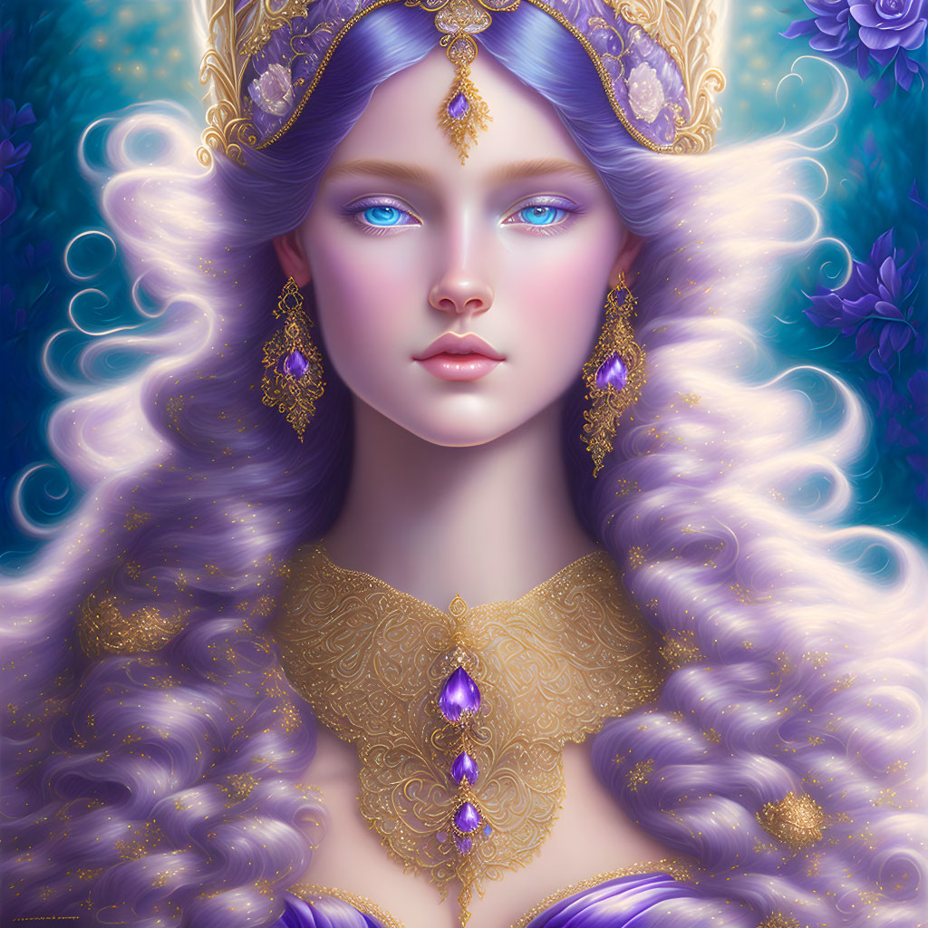 Fantasy female character with purple hair and ornate jewelry in floral setting