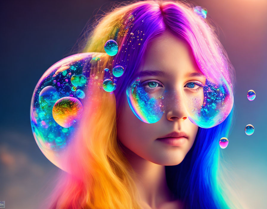 Colorful-Haired Girl Surrounded by Iridescent Bubbles