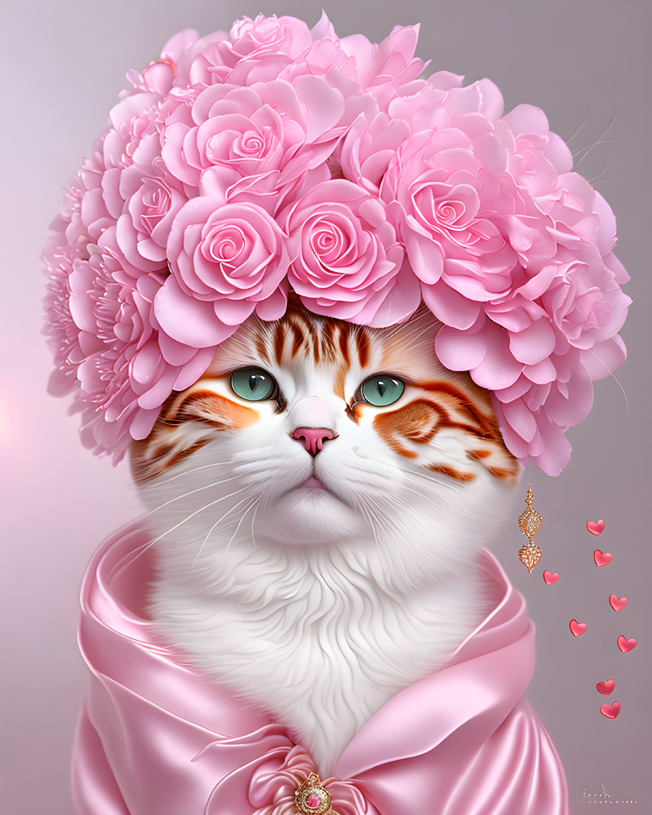 Whimsical cat illustration with pink rose bouquet hat & heart earrings