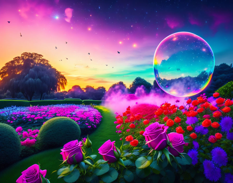 Colorful Flowers and Glowing Bubble in Vibrant Dusk Garden