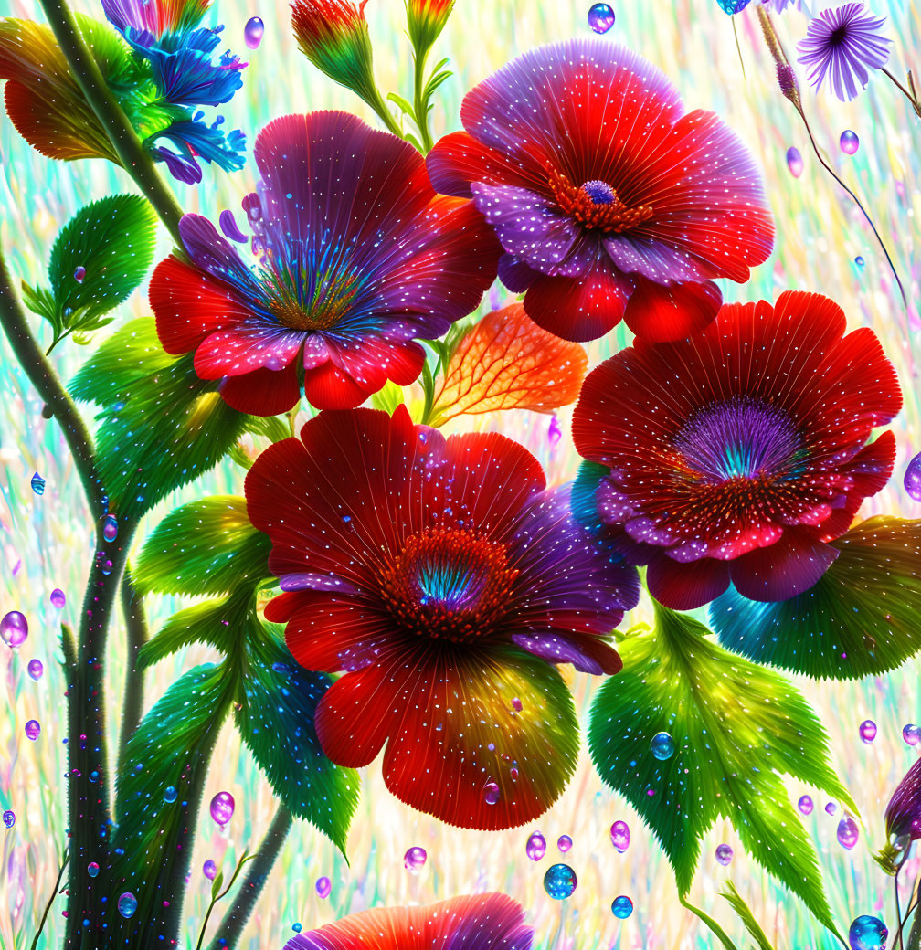 Bright red flowers with dew on green stems in colorful digital art