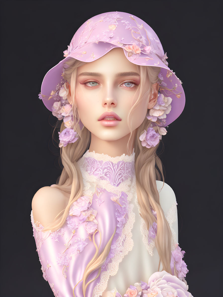 Blonde Woman in Purple Floral Hat with Lace Details