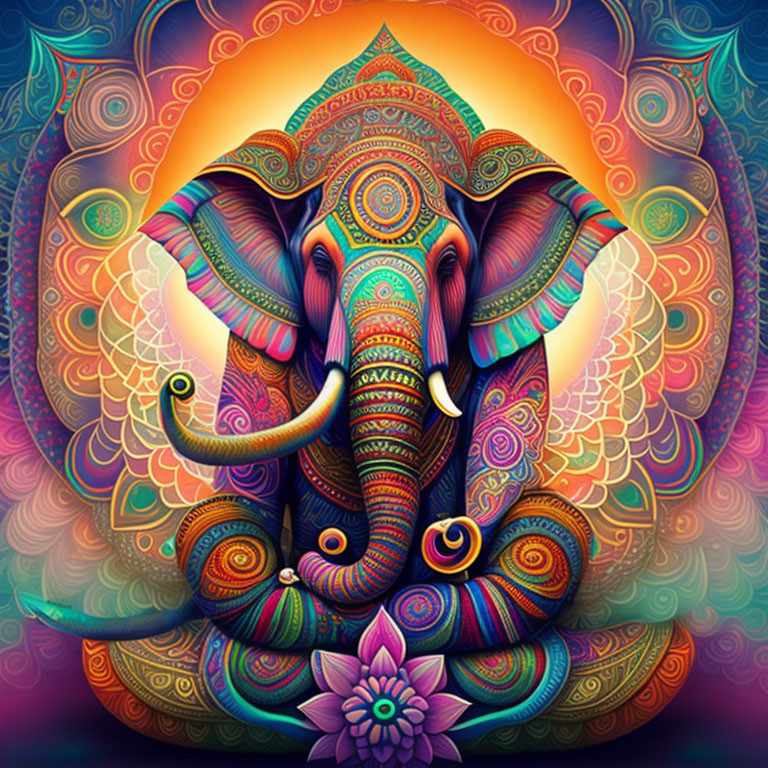 Colorful Psychedelic Elephant Illustration with Intricate Patterns