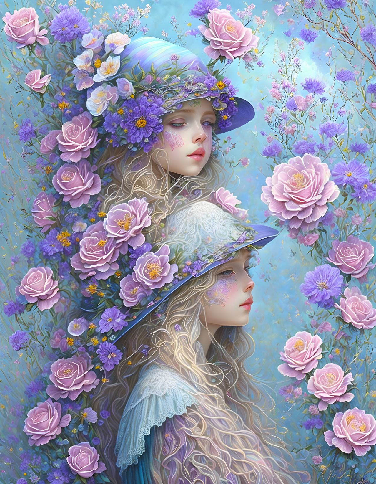 Ethereal illustration: Two women with floral hats in dreamy pink and purple backdrop