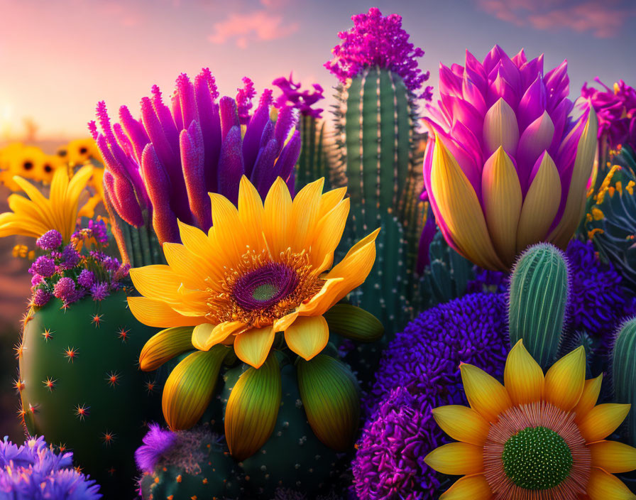 Colorful Digital Art of Cacti and Flowers at Dusk