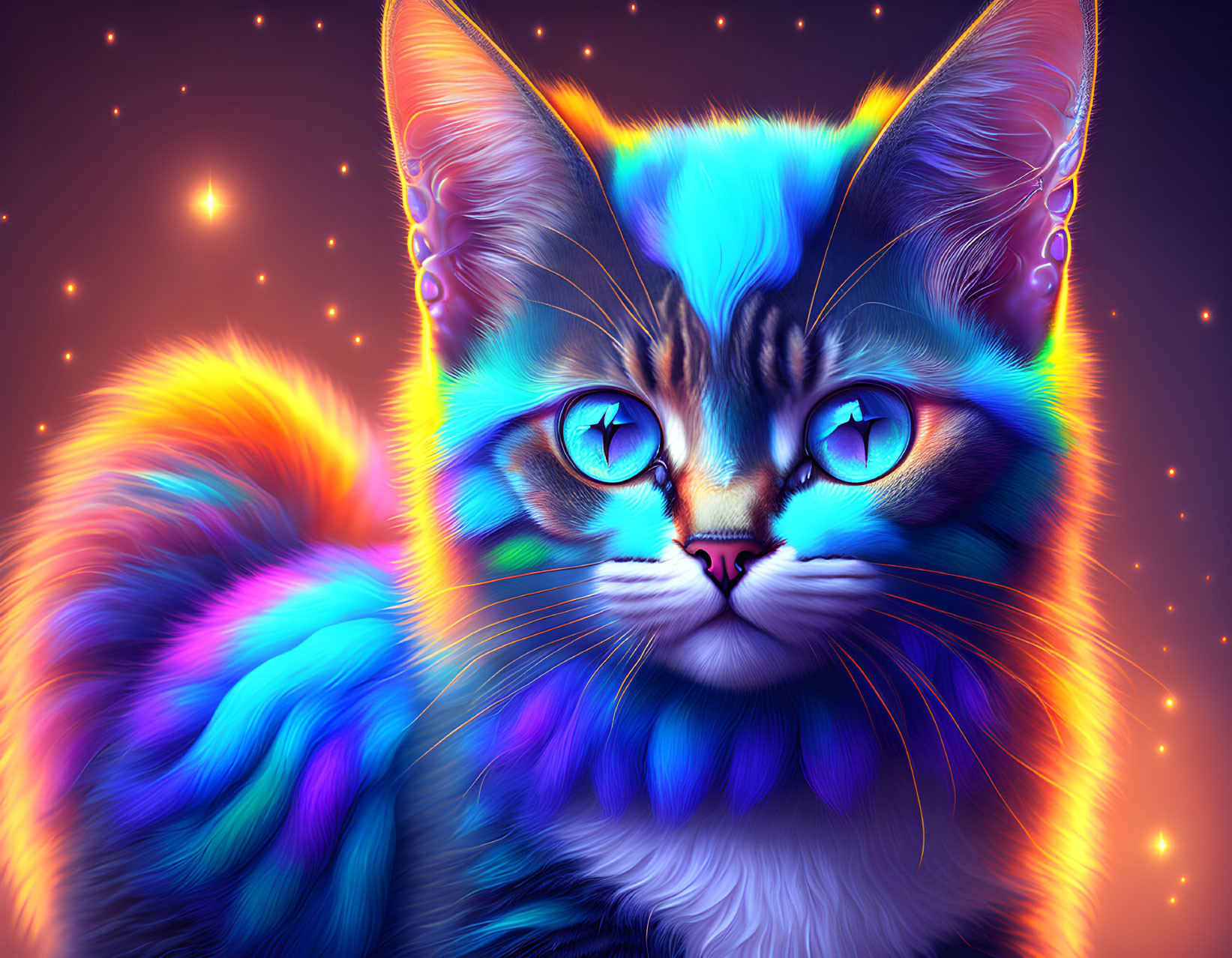 Colorful digital artwork: Luminescent cat with blue and purple fur