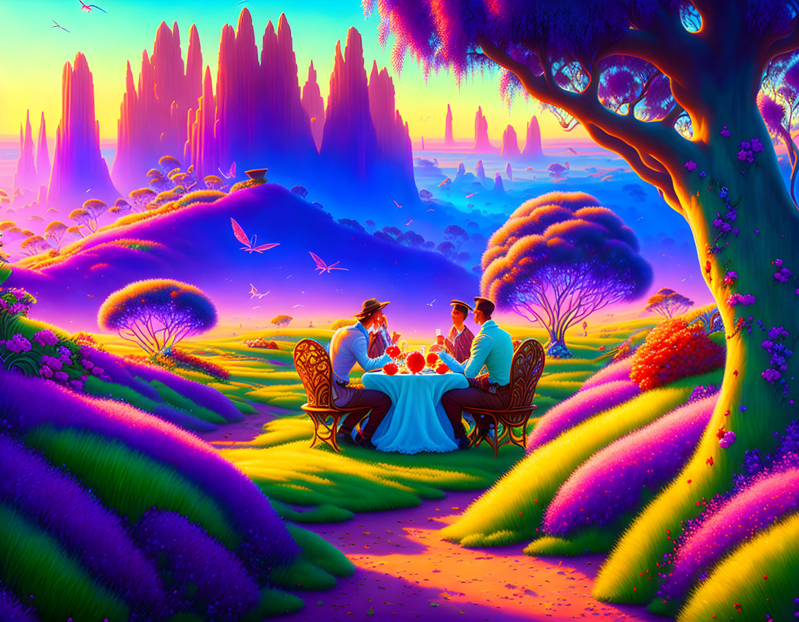 Vibrant chess game in whimsical, lush landscape