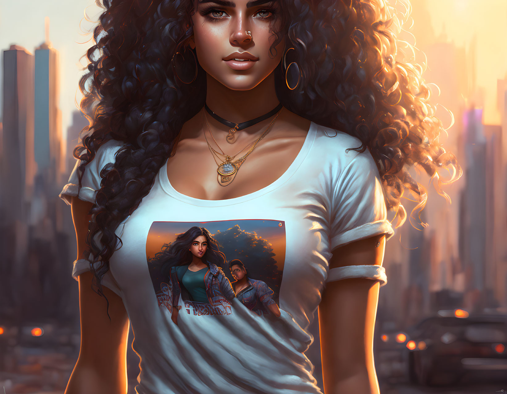 Illustration: Woman with curly hair and printed t-shirt in urban dusk scene