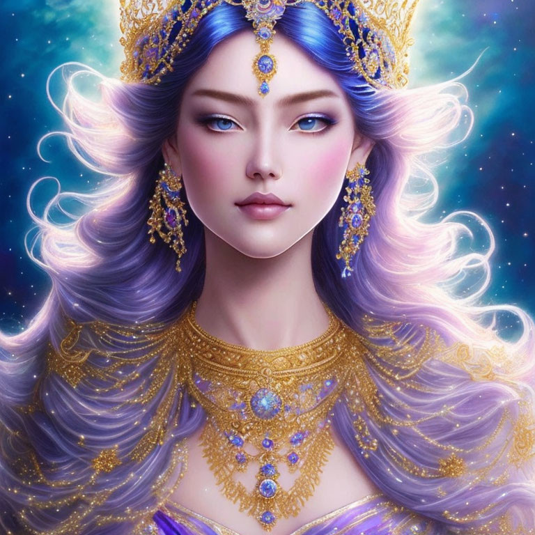 Illustrated woman with blue hair and golden jewelry on starry background