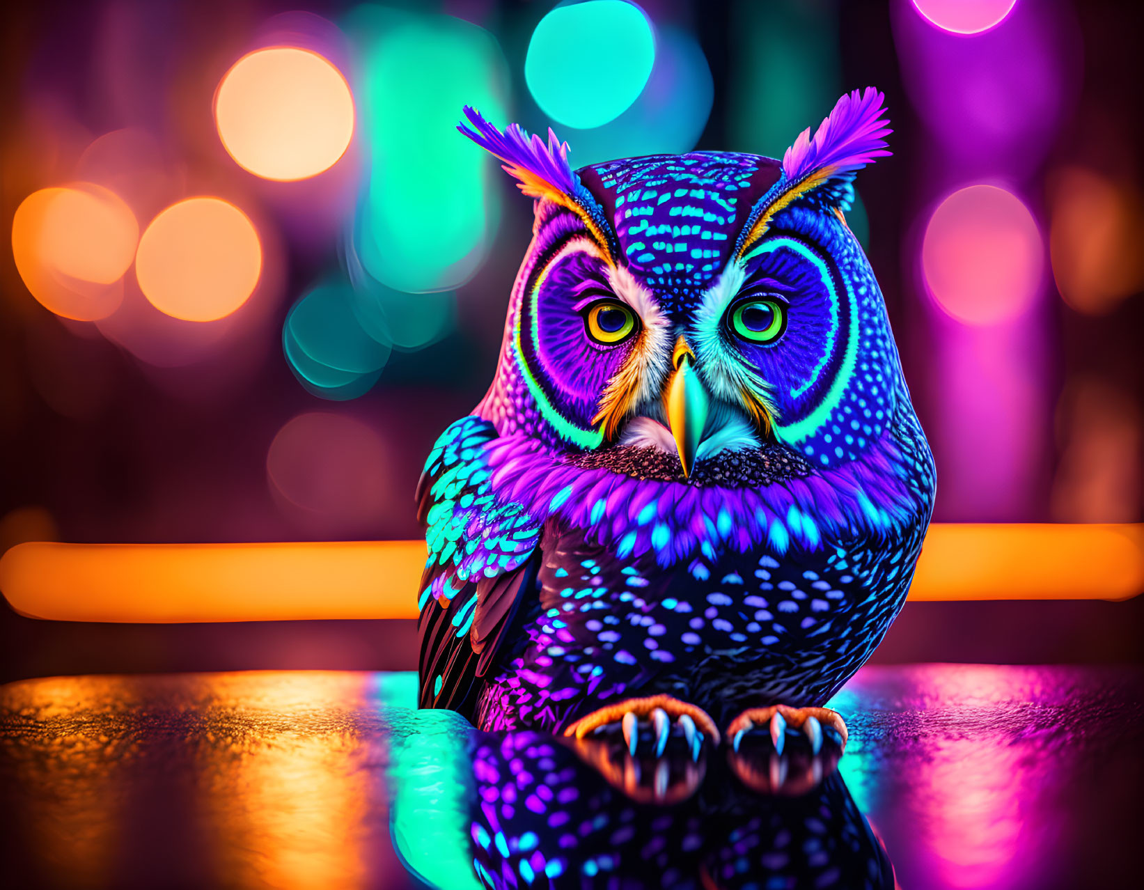 Colorful owl digital artwork with purple and blue patterns on feathers.