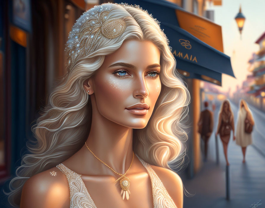 Blonde Woman with Gold Jewelry in City Setting