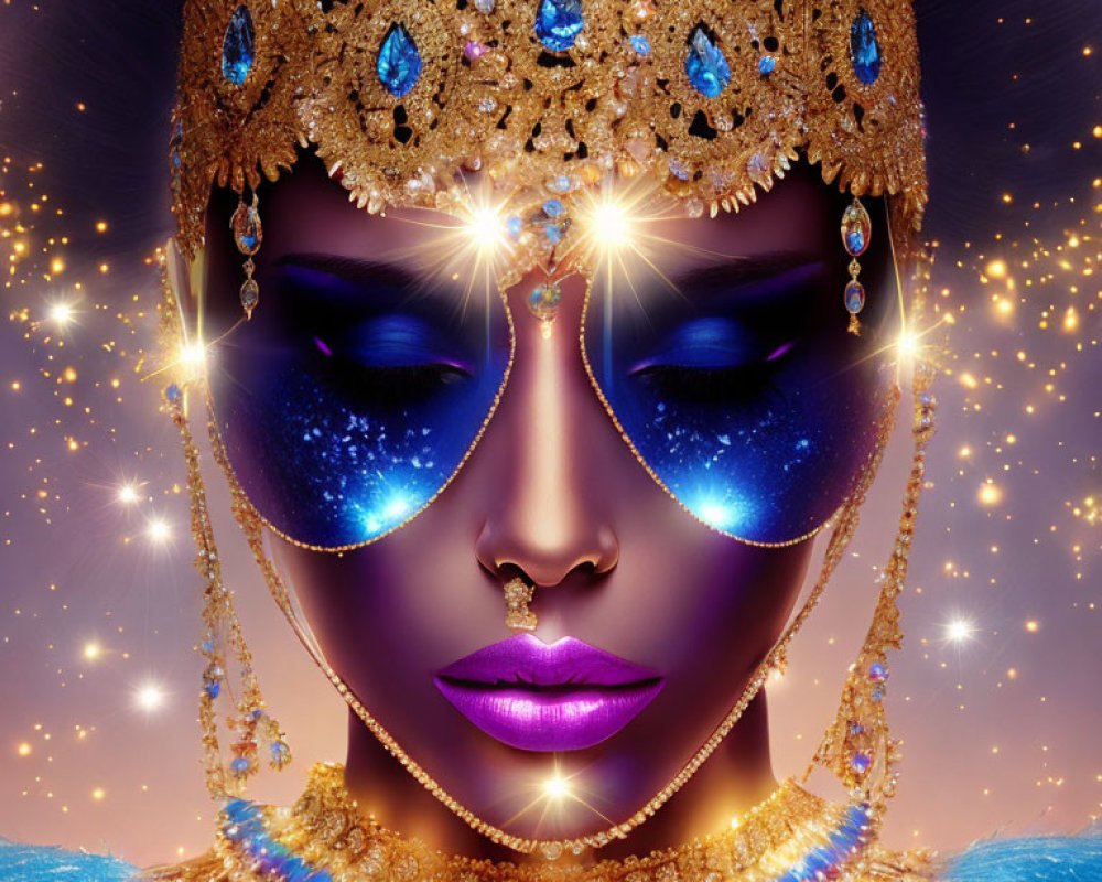 Digital artwork: Woman with starry night theme, golden crown, blue gems, cosmic makeup.