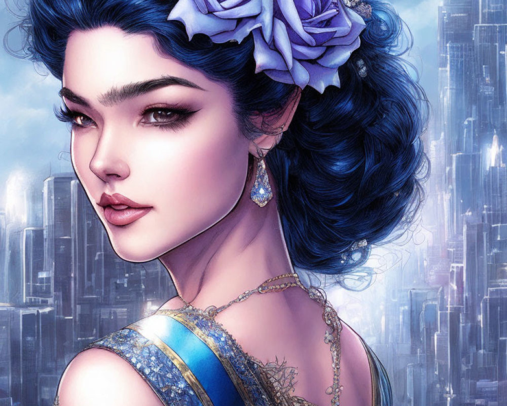 Digital artwork: Woman with blue hair and floral accessories in futuristic city.