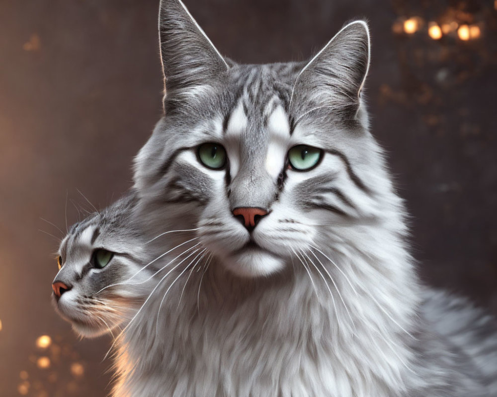 Majestic cats with fluffy fur and green eyes in serene pose