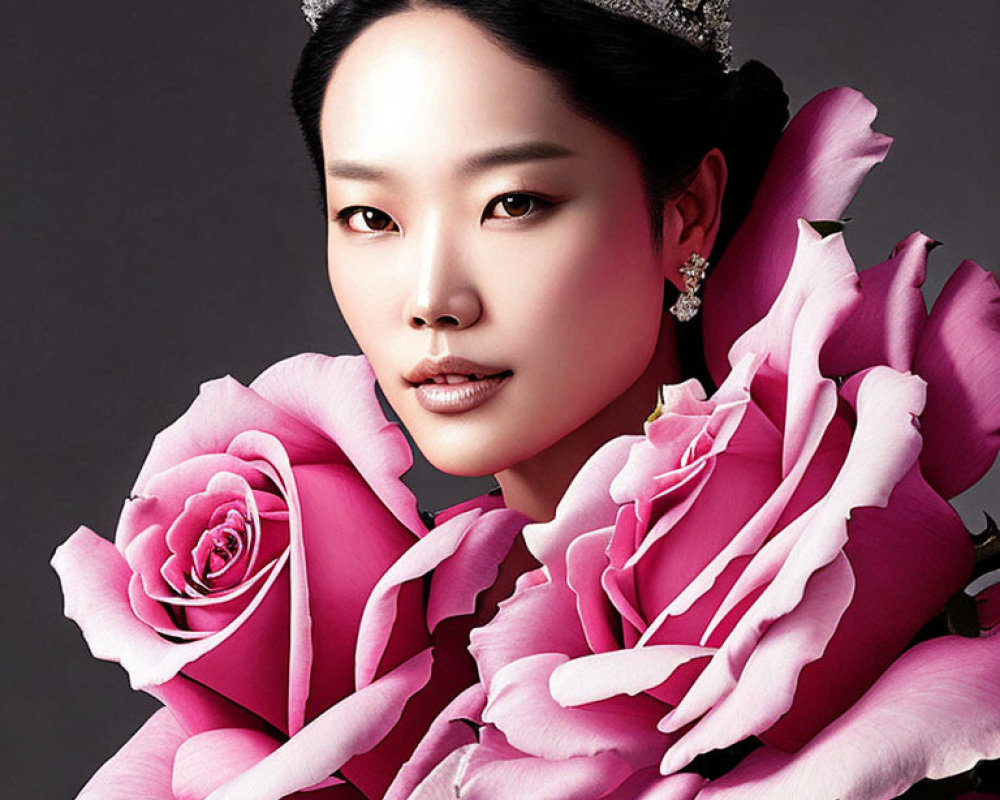 Elegant woman with tiara and pink roses on dark background