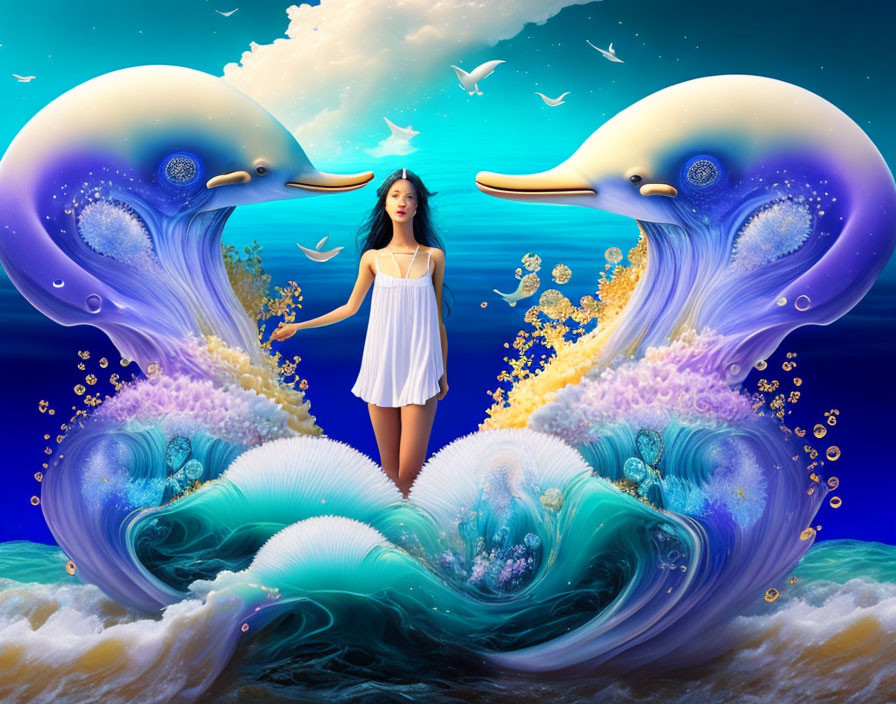 Surreal seascape: woman between dolphin-shaped waves & birds