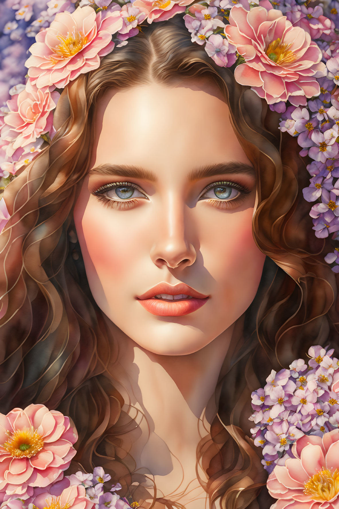 Portrait of woman with blue eyes and long, curly hair among pink blossoms