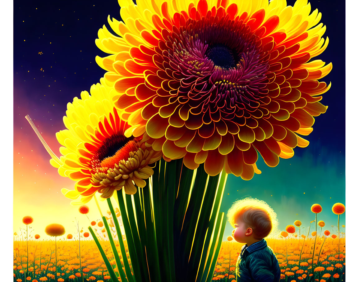 Child admires vibrant sunflowers under starry night sky