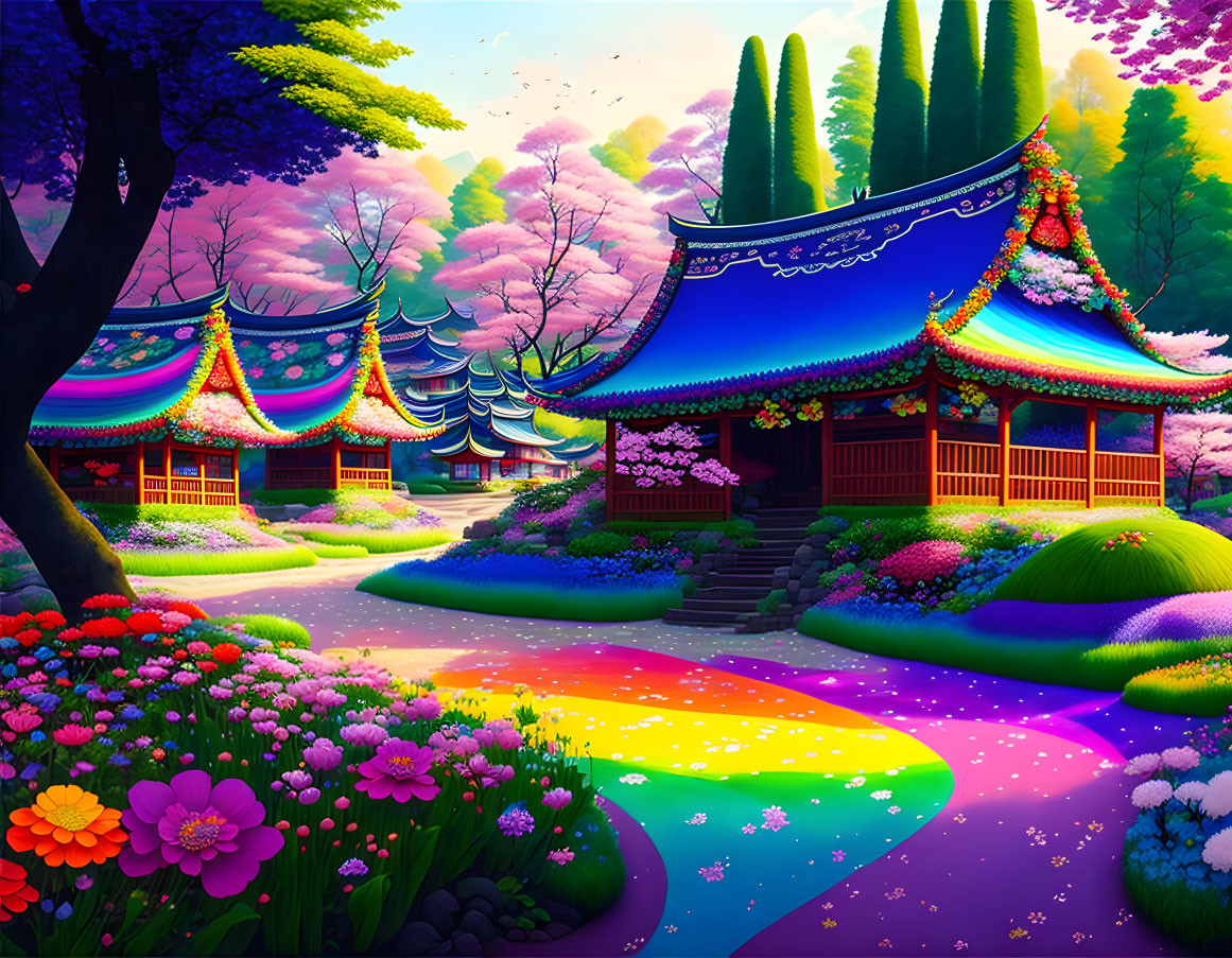 Colorful fantasy landscape with rainbow river, traditional buildings, cherry blossoms, and sunset sky