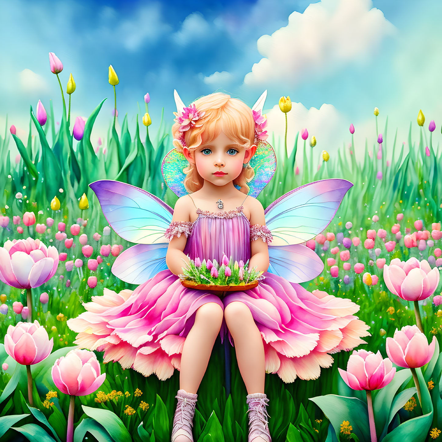 Child Fairy with Blue Wings in Vibrant Flower Field Holding Flowers