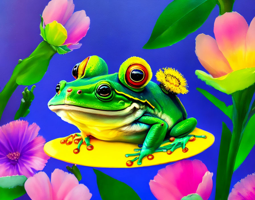 Colorful frog surrounded by flowers and dandelion on head