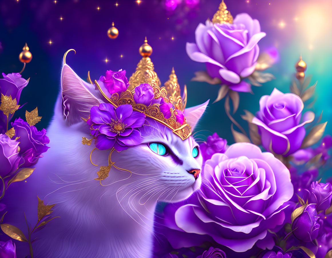 White Cat with Golden Crown and Purple Roses on Deep Purple Background