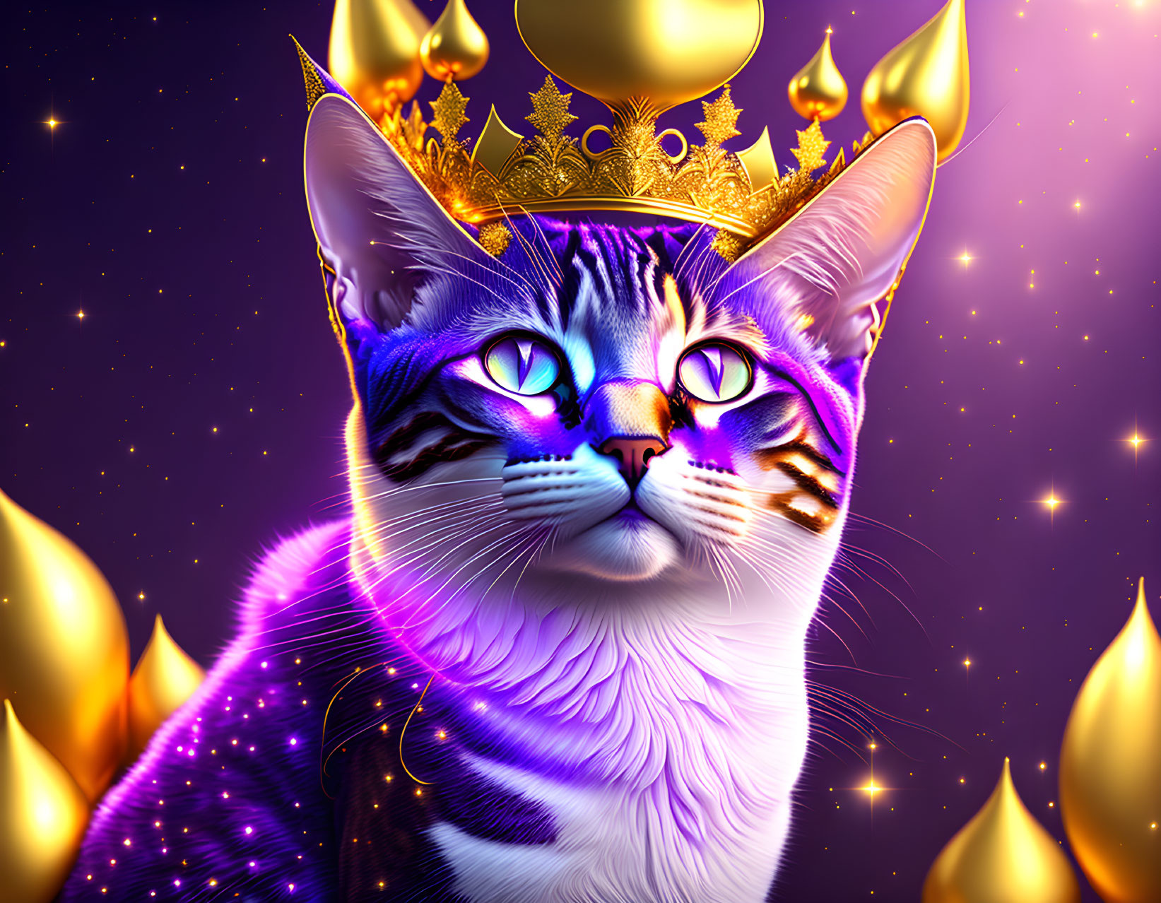 Regal cat digital artwork with golden crown on purple backdrop