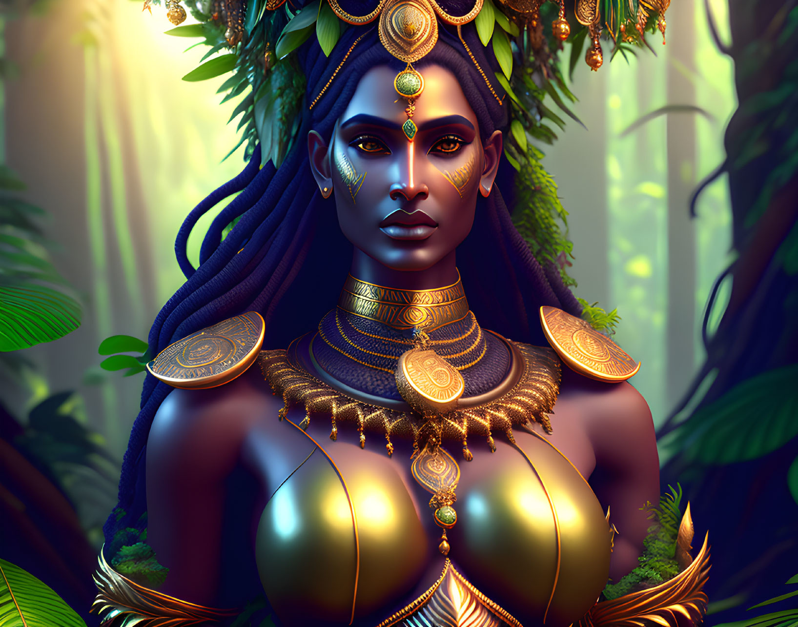 Blue-skinned regal character with golden jewelry in lush jungle setting